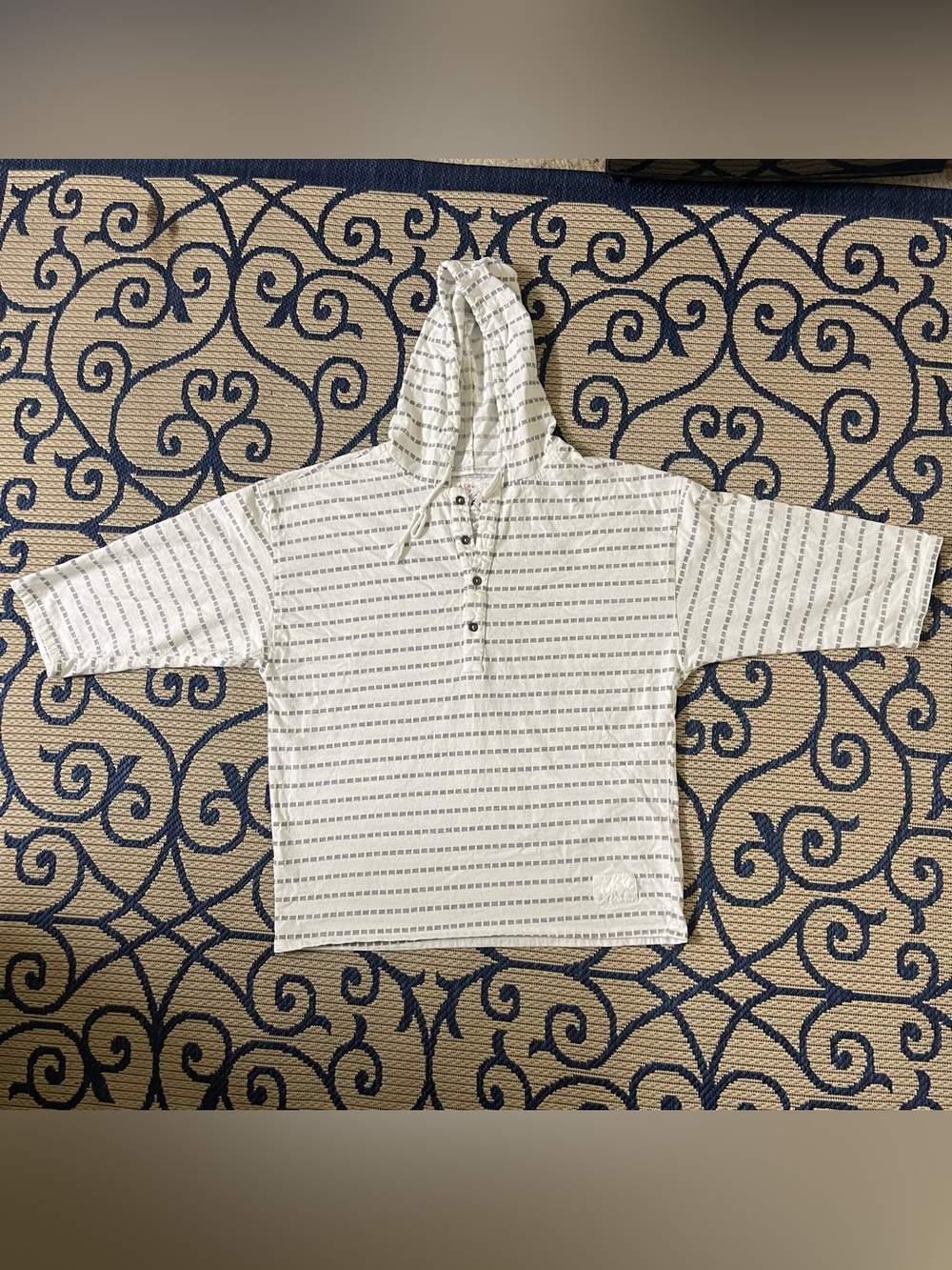 Vintage ACTIVE CULTURE MIX White Hooded Henley with Thin Gray Stripe Accent